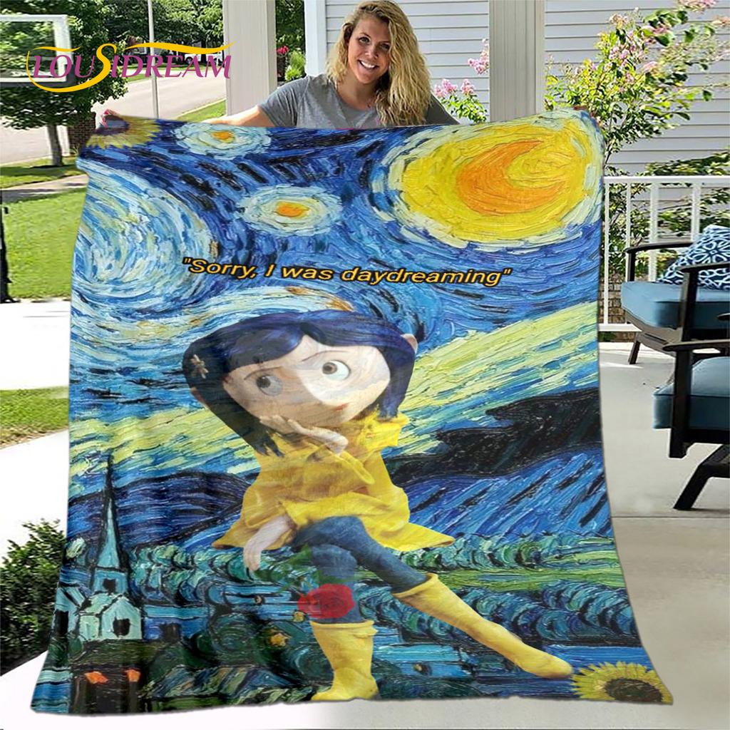 3D kreslená přikrývka Coraline, flanelová přikrývka, dětská teplá přikrývka pro domácí obývací pokoj ložnice postele pohovka kancelář