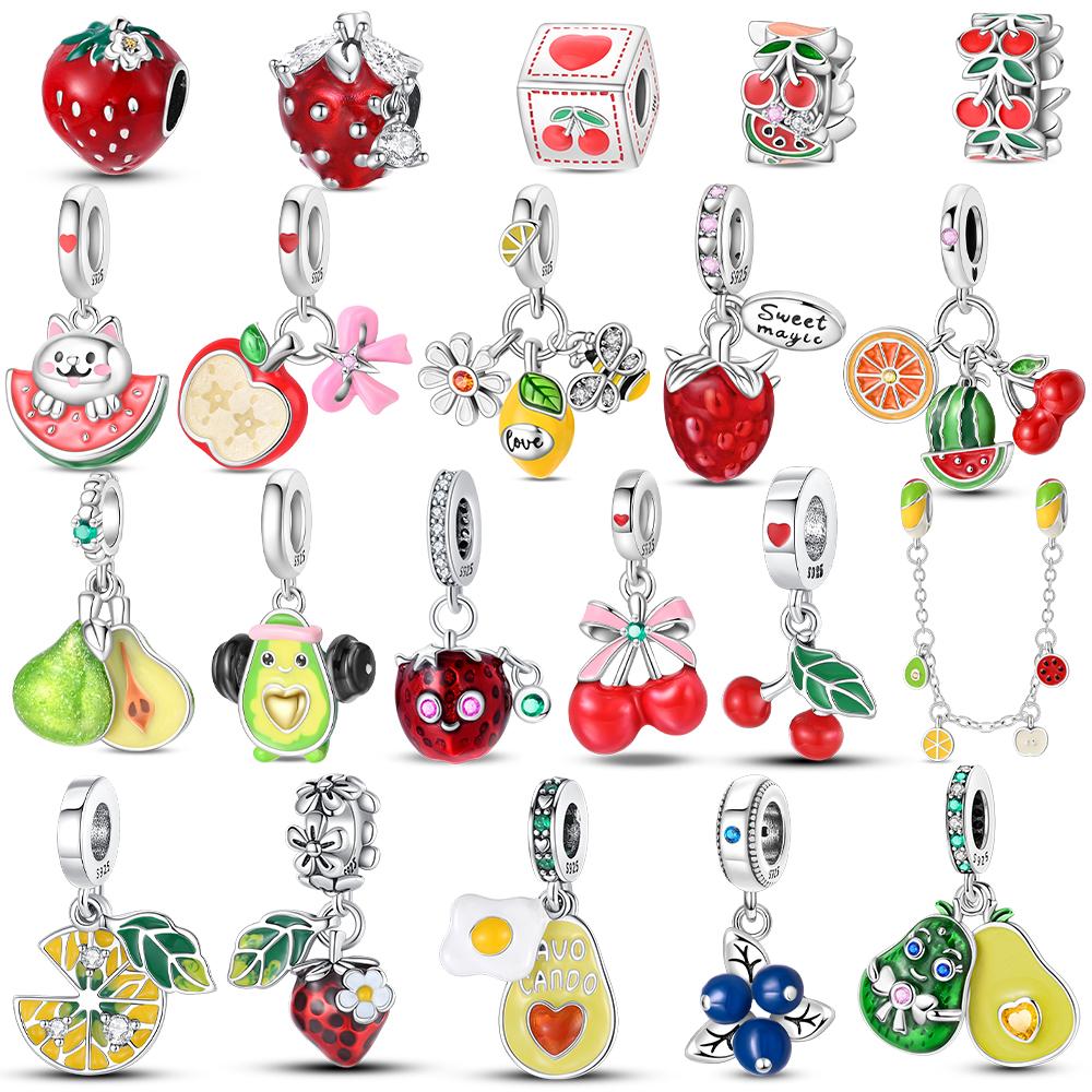 Color Strawberry Cherry Fruit Series Charms New Metal Beads Fit 3Mm Original Bracelets Make Your Own Birthday Accessory Gifts Elegant Fashion