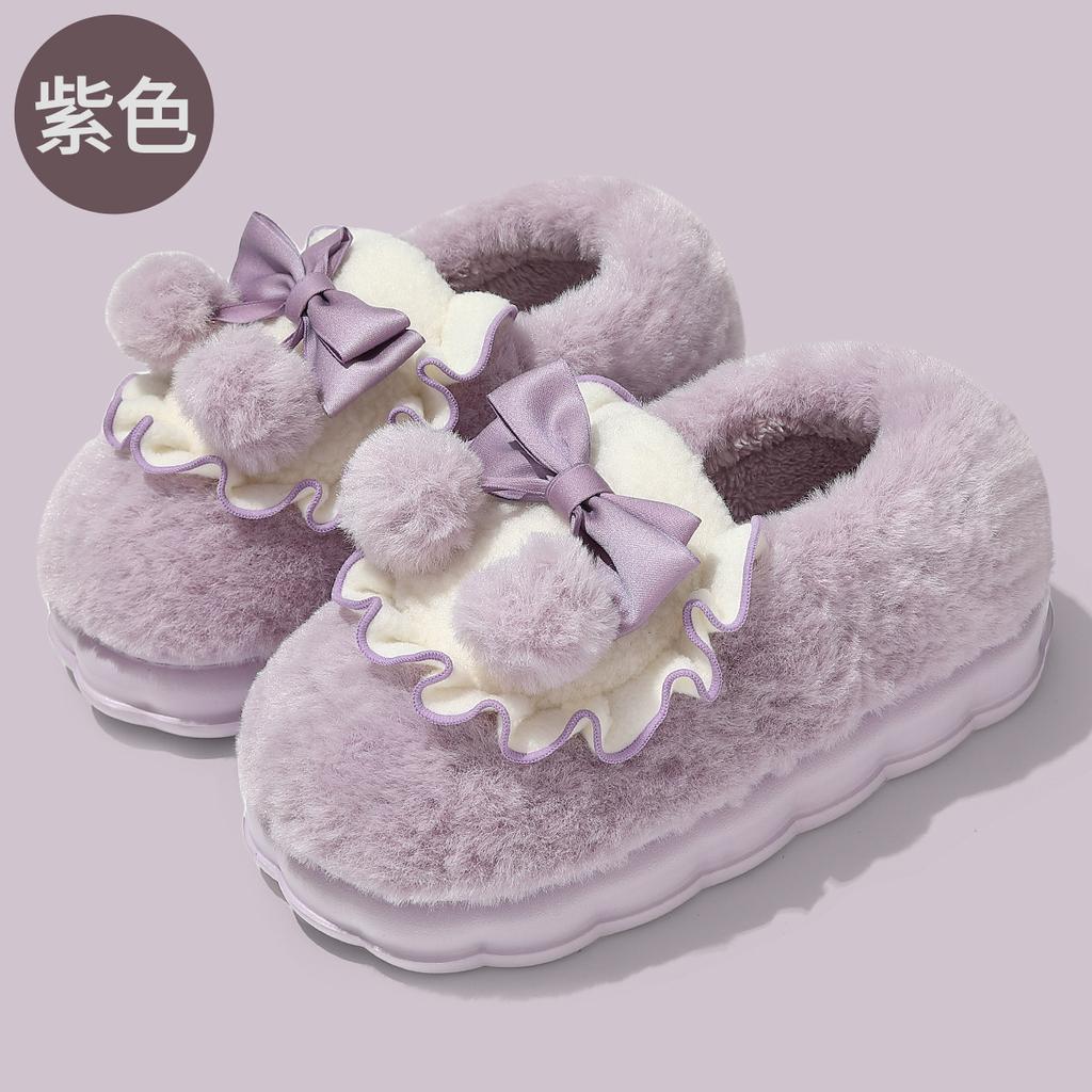 Couple bow cotton slipper bag heel women's season fleece thickened men's plush warm non-slip cotton shoes men