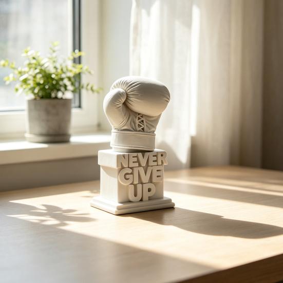 Socha boxerské rukavice Nikdy se nevzdávej, Inspirační 3D tištěná ozdoba na stůl do domácí kanceláře, Motivační dárek pro sportovce, boxery, sportovní fanoušky