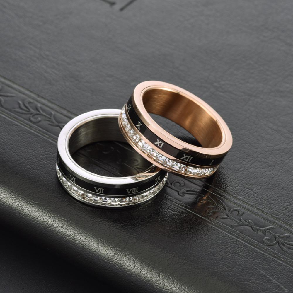 Rotating Roman Numeral Ring Stainless Steel Square Diamond Single Row Band Stylish Index Finger Jewelry