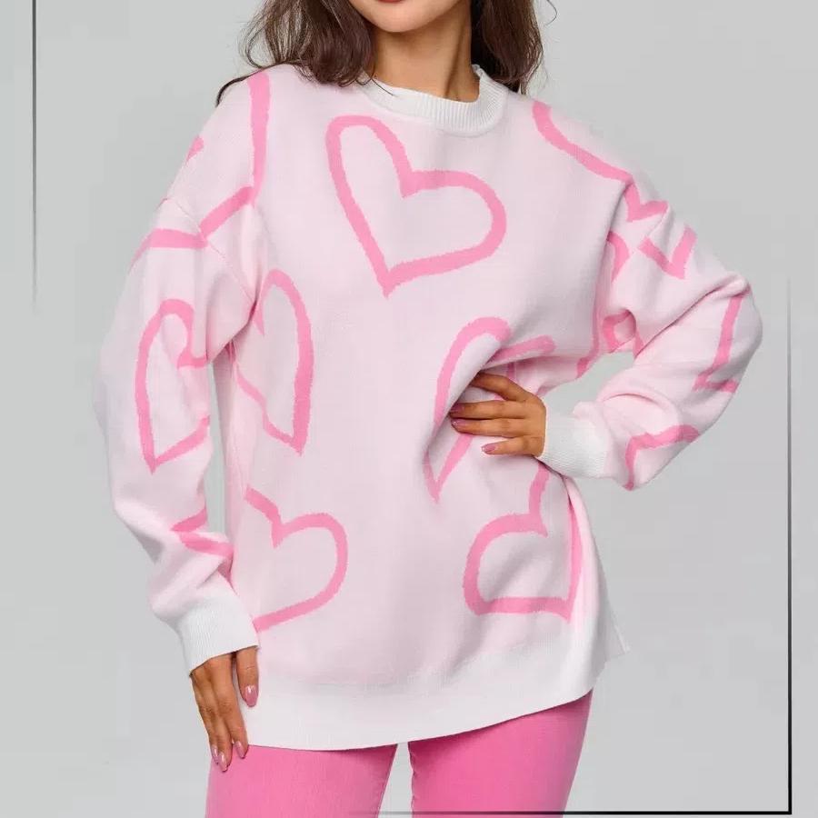 Осень и зима новый модный свитер с круглым вырезом Love Color женский свободный жаккардовый пуловер свитер женщина розовый