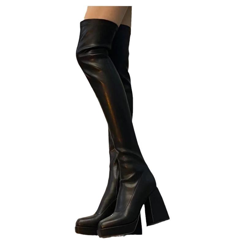 European and American wind over the knee leather boots women's 2025 new autumn and winter square head thick heel waterproof countertop zipper fashion