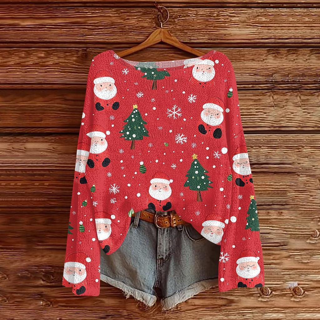 Women's Round Neck Lightweight Sweater Casual Long Sleeve Christmas Print Knit Pullover.