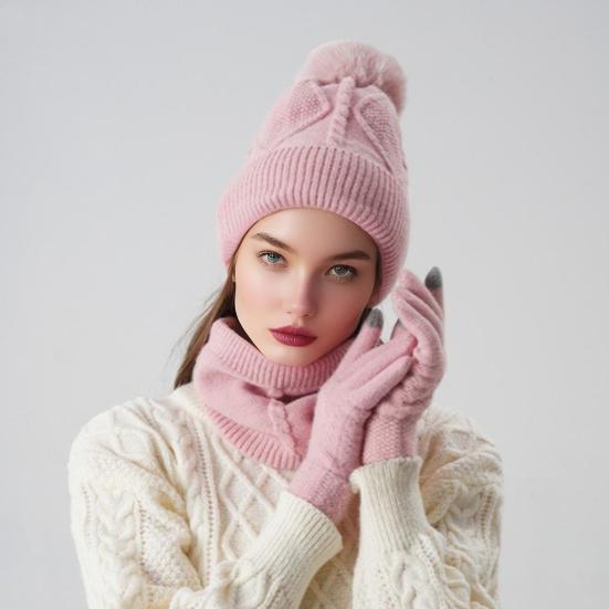 3Pcs/Set Women Hat Scarf Gloves Set Solid Color Design Twist Texture Thickened