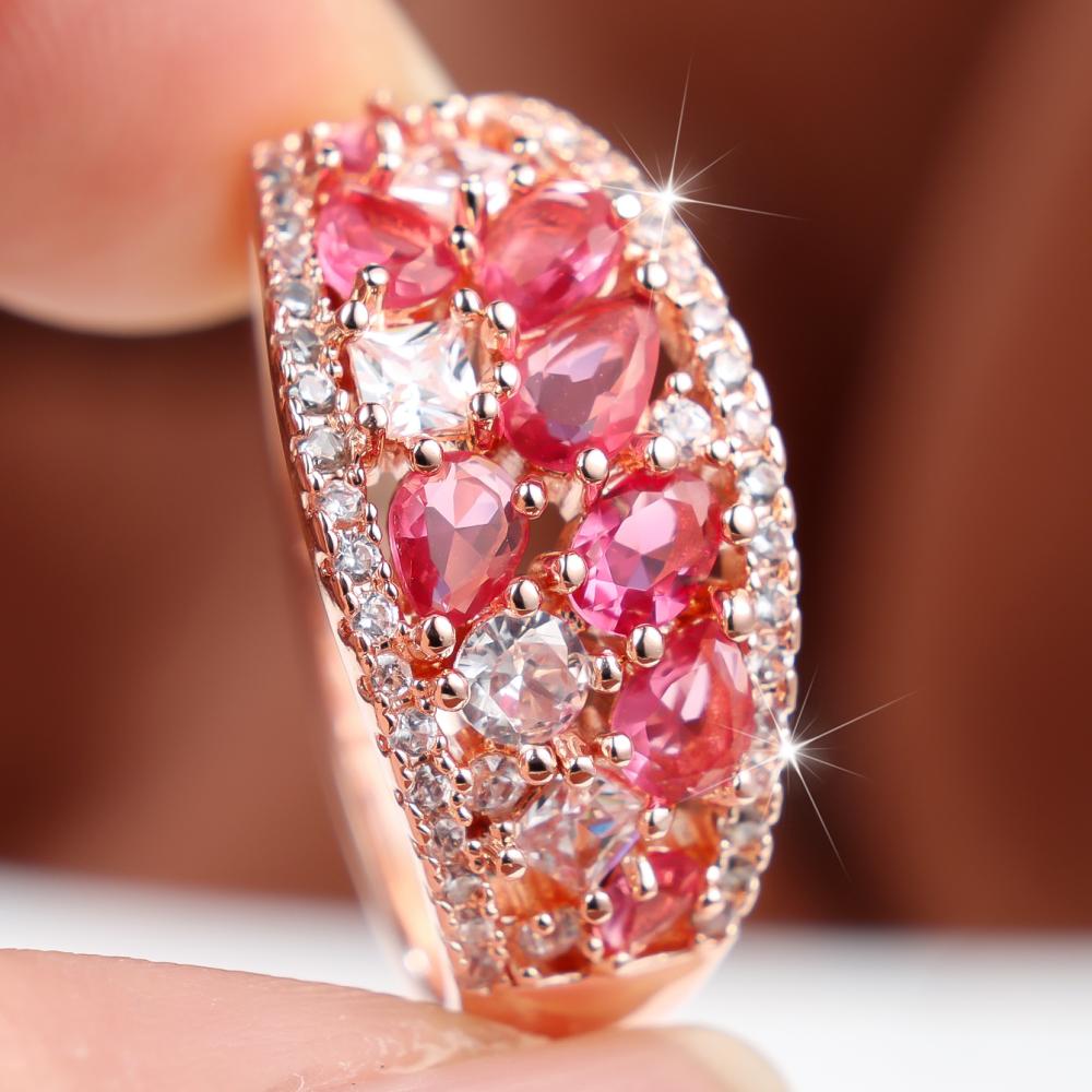 Elegant Rose Gold Color Ring for Women Multi Pink Zircon Paved Fashion Jewelry Gift