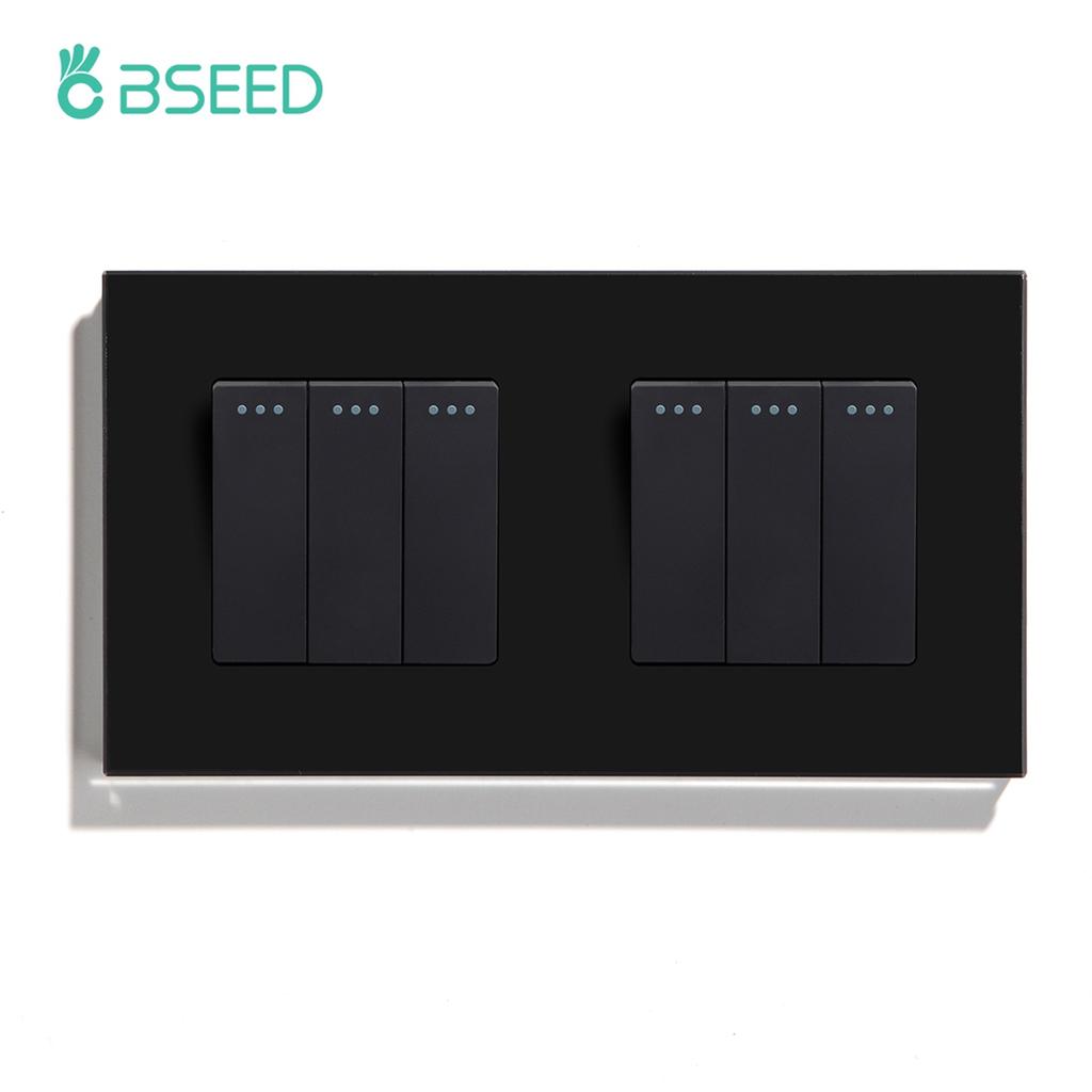 BSEED Double 1/2/3Gang Wall Light Switches 1Way Mechanical Button Switch On Off Glass Panel EU Standard 157mm