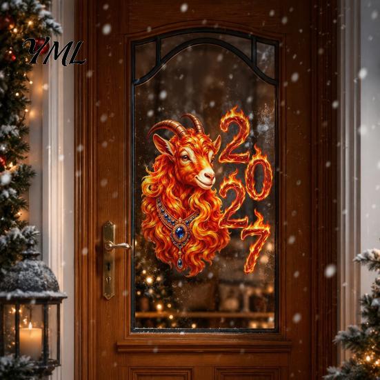 Red Sheep Head Pattern Clings Chinese New Year Window Stickers, 2027 Goat Static Clings, Reusable PVC Stickers Lunar Xmas Decor for Home Shop