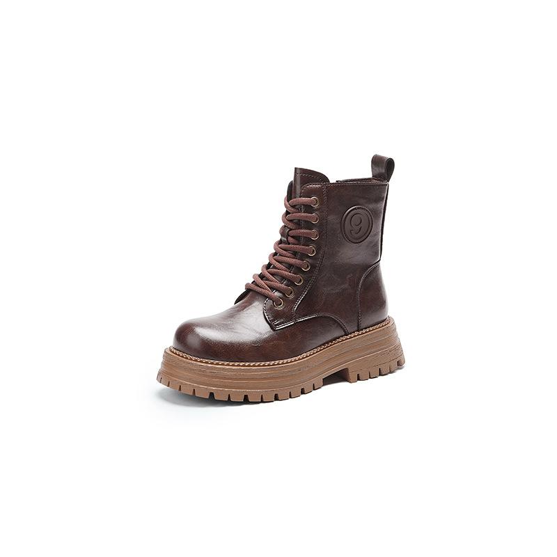 

8583 leather Martin boots women s platform short boots 2025 autumn and winter new two-layer cowhide locomotive knight thin boots 40 темно-коричневого