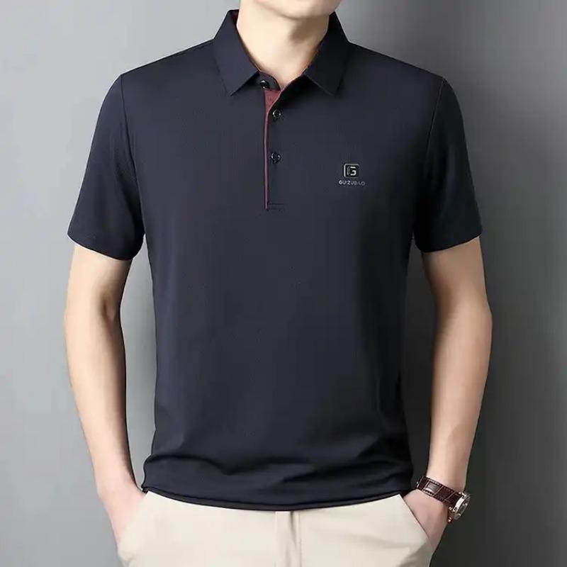 Men's Korean-Style Pullover Button Solid Color Polo Shirt  Short-Sleeve Lapel Casual Top
