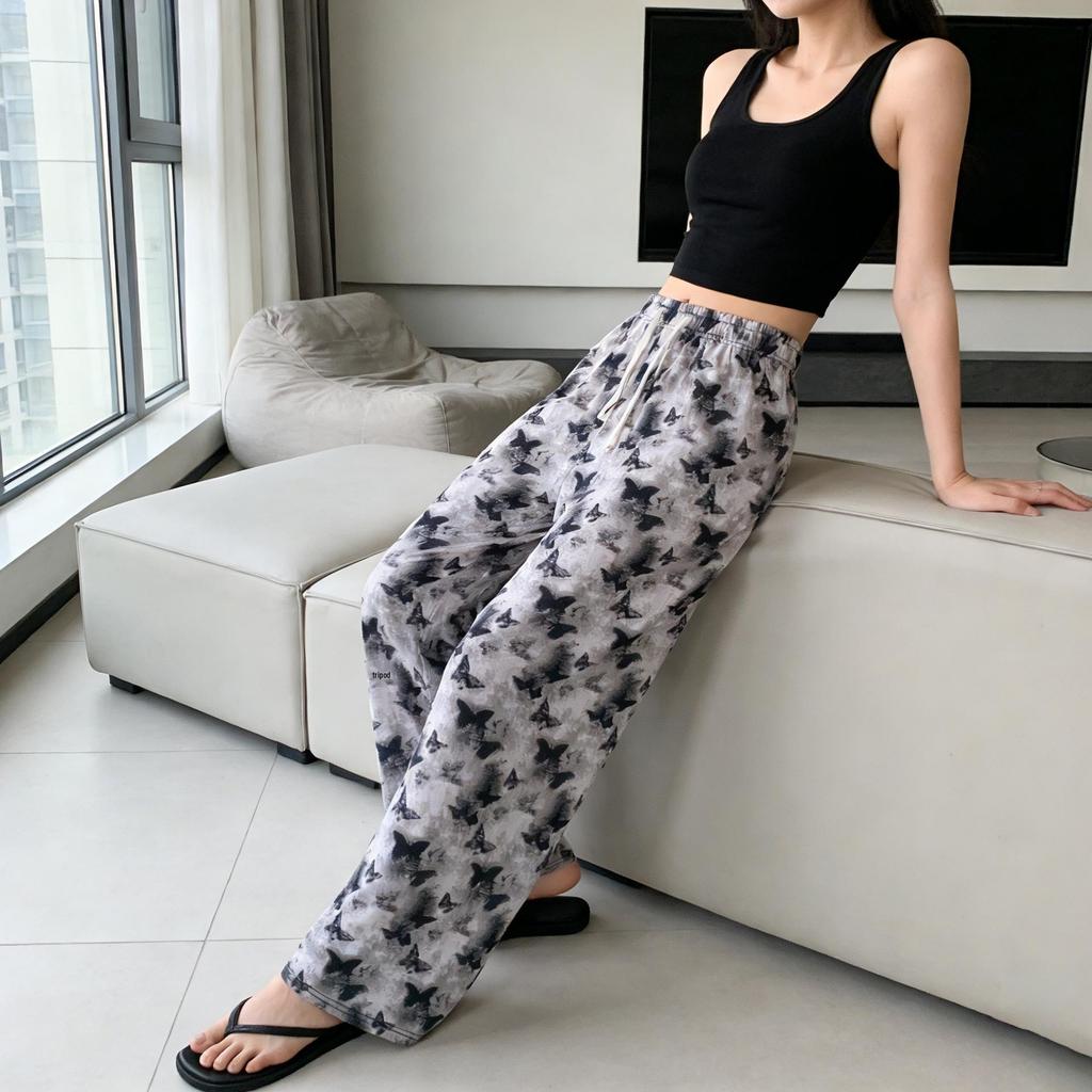 Black & White Striped Wide-Leg High-Waist Summer Pants for Women - Ink Painting Style, Slim Fit, Loose Draped Ice Silk Casual Trousers.