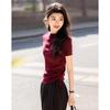Demana Women's Rose Metallic Knit Top with Side Drawstring & Semi-High Neck
