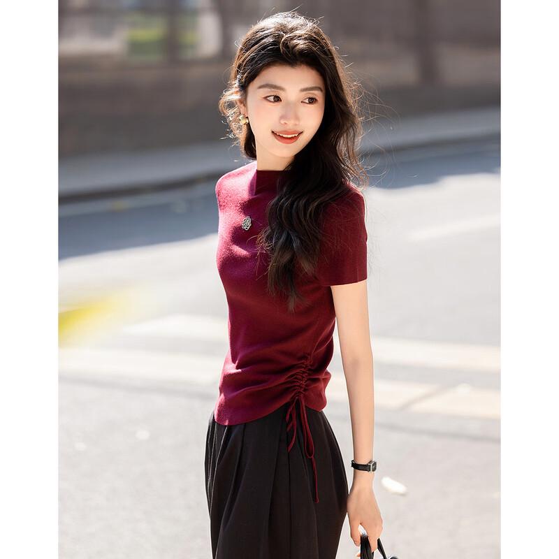 Demana Women's Rose Metallic Knit Top with Side Drawstring & Semi-High Neck