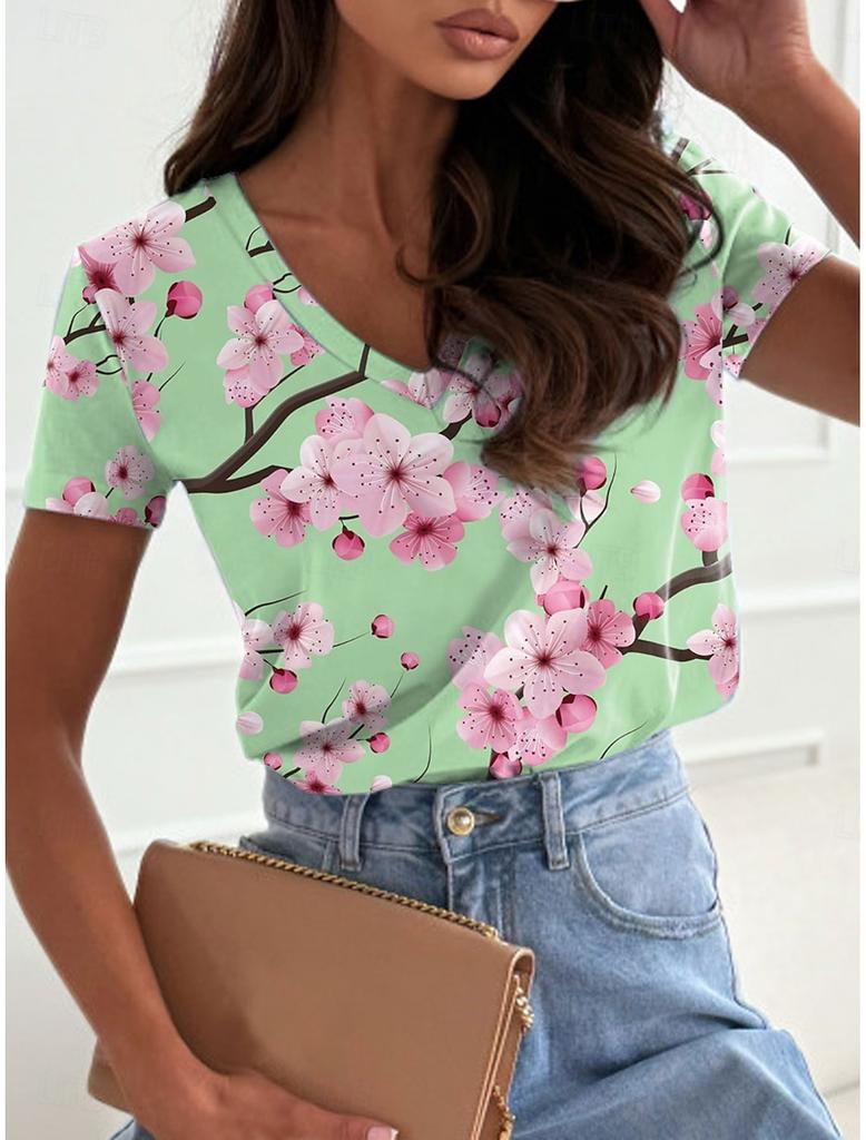 Women's fashionable printed T-shirt with floral pattern, casual short-sleeved V-neck, regular top, everyday printed T-shirt, casual blouse