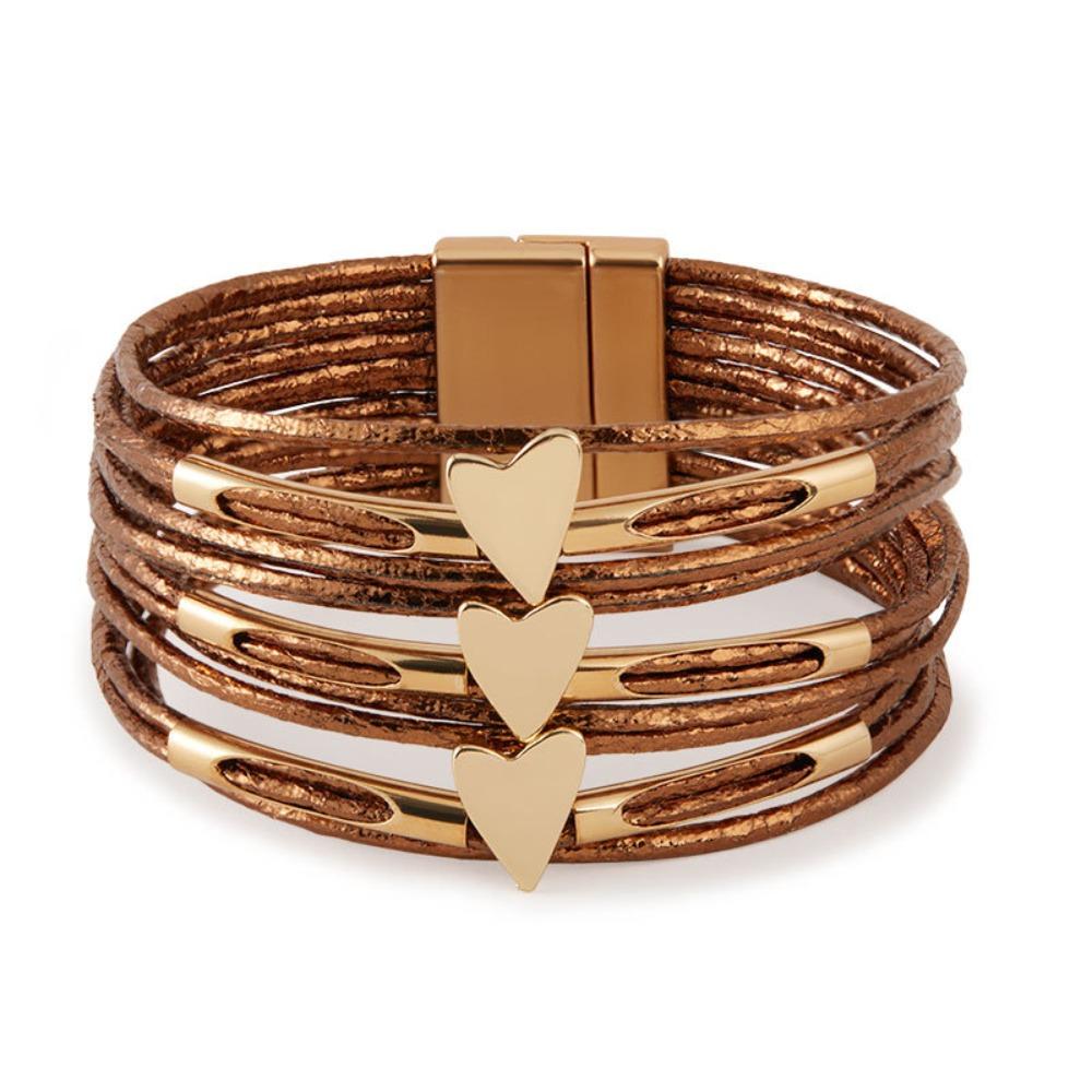 

Metal Leather Bracelet Magnetic Buckle Multilayer Bracelet Fashion Heart Bracelet Party коричневый