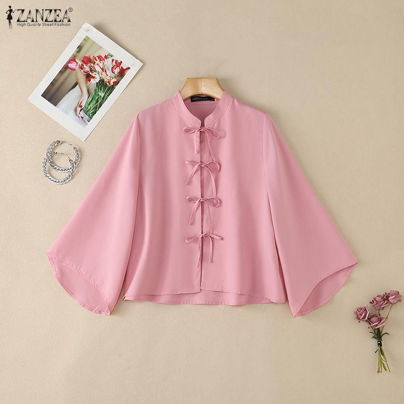 ZANZEA Women Casual Stand Collar Solid Color Loose Long Sleeve Blouse