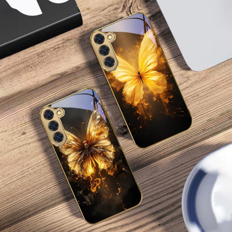 Flammen Warmes Schmetterling Für Samsung Galaxy S20 FE S21 S22 S23 Plus S24 Ultra 25Ultra S21+ S9+ S22Plus Goldene Glas Handyhülle