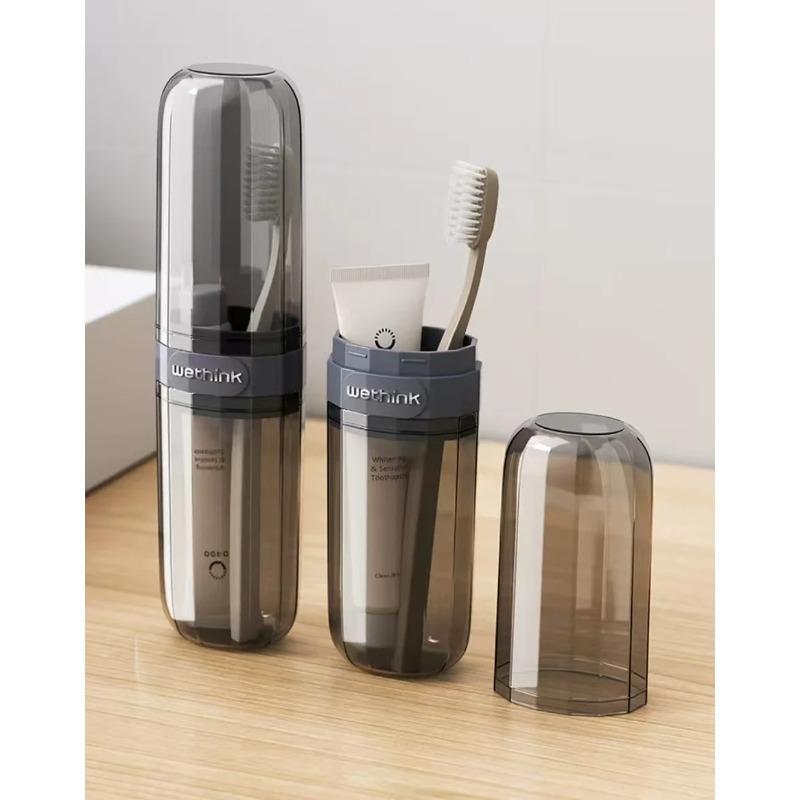 Portable transparent toiletries set storage box for travel, including travel mouthwash cup and toothbrush holder bento box