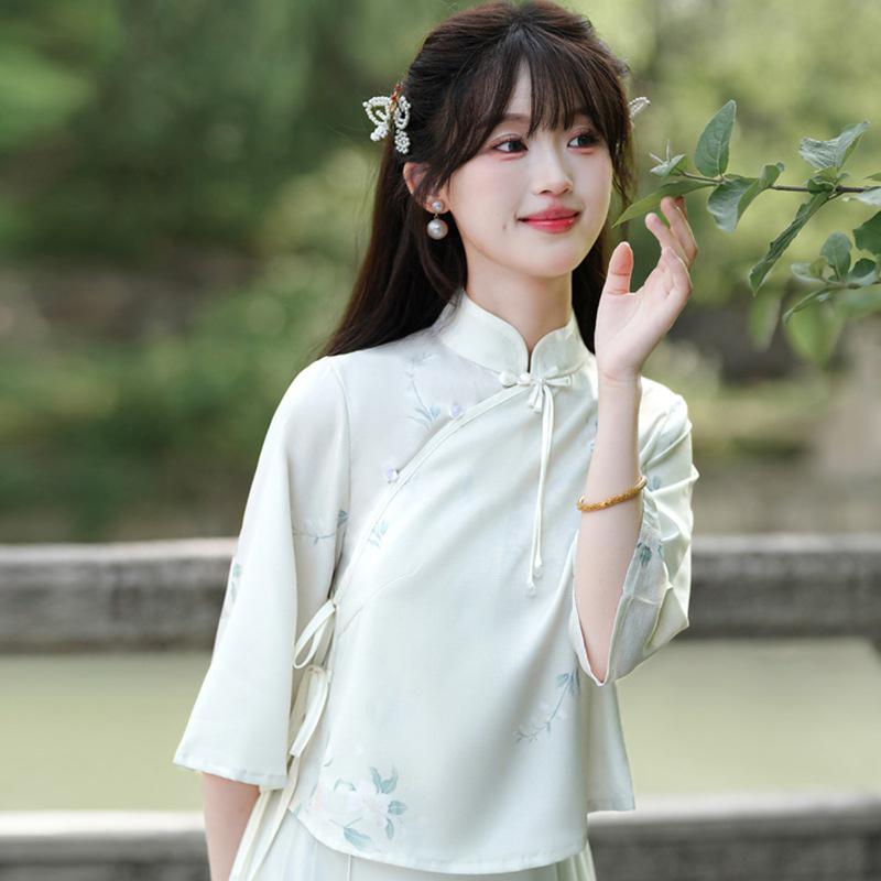 Women's Chinese Retro Tang Suit Cheongsam Top & Zen Tea Two-Piece Set