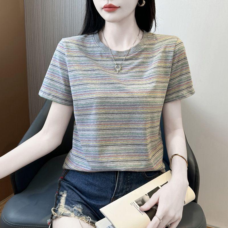 Striped Casual Short Sleeved T-shirt for Women's Summer Loose Fit Thin Top