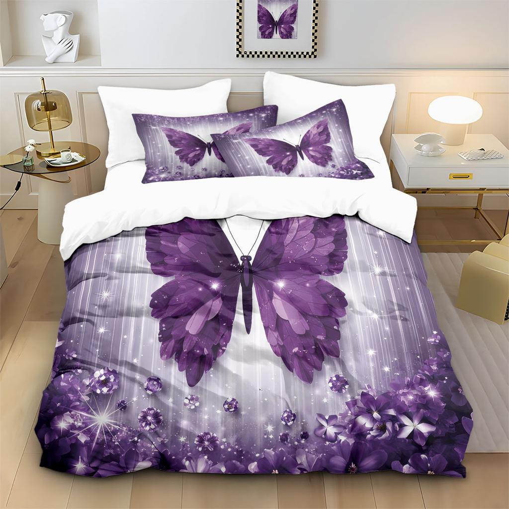 3pcs Purple Butterfly Printed Coreless Duvet Cover Set, Multi Size Bedroom Bedding Decoration, Machine Washable