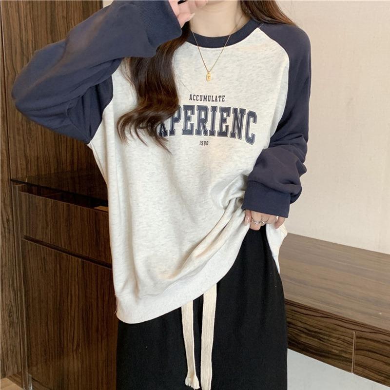 Contrasting color ragged long-sleeved hoodless sweater women s thin loose student jacket M 3130₽