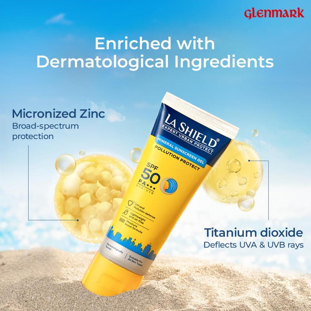 La Shield Pollution Protect SPF 50 Mineral Sunscreen Gel PA+++ | Lightweight Oil Free Moisture Boost | Water Resistant Dermatologist Tested | 50g
