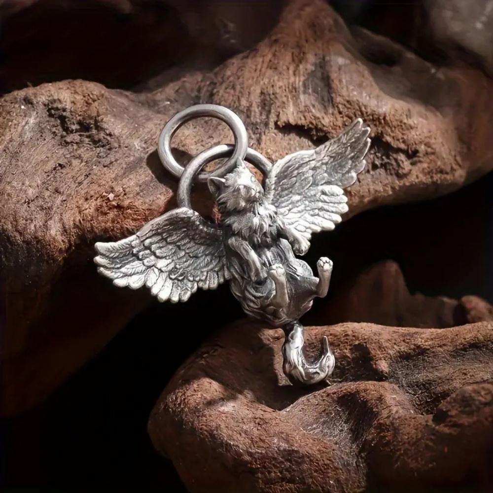 Hot Silvery Geometric Angel Cat Pendant Necklace Unisex Unique Trendy Retro Versatile New Gothic Jewelry Gift