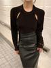 Women's Retro High-Waisted Black Leather Skirt - Slimming Mid-Length with Slit, for Spring/Autumn