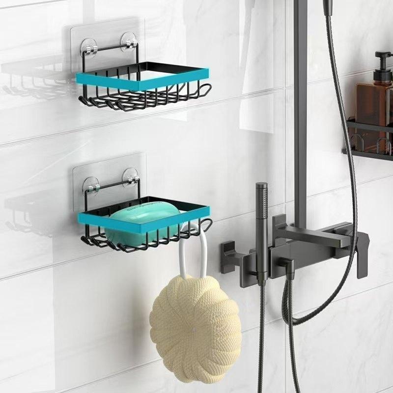 Iron Soap Rack, Punch-Free Soap Box, Bathroom Storage Organizer With Shaver Holder & Shower Hook For Space Saving