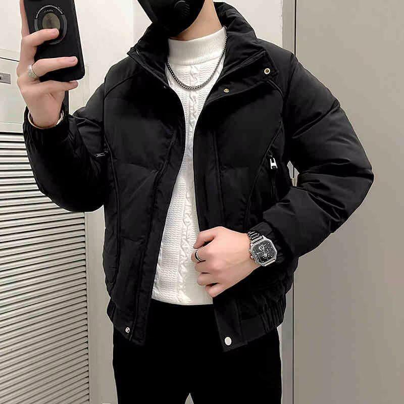 

Men s Trendy Korean-Style Winter Cotton Jacket - Warm, Casual, and Cool Solid Color with Stand Collar M чорний