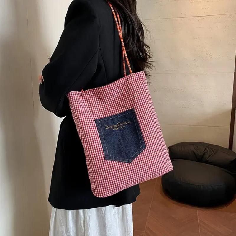 Fashi Casual Denim Square Large Capacity Shoulder Bags 2026 New Plaid Persality Fresh Exquisite Double-sided Bags for Women