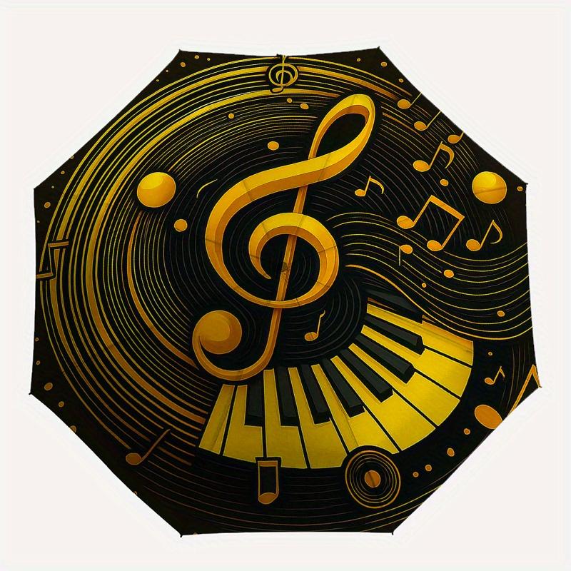 Ombrello Circolare con Stampa Artistica Note Musicali Dorate e Tasti di Pianoforte, Ombrello Compatto Pieghevole a 3 Pieghe Portatile per Uomo e Donna, Regalo