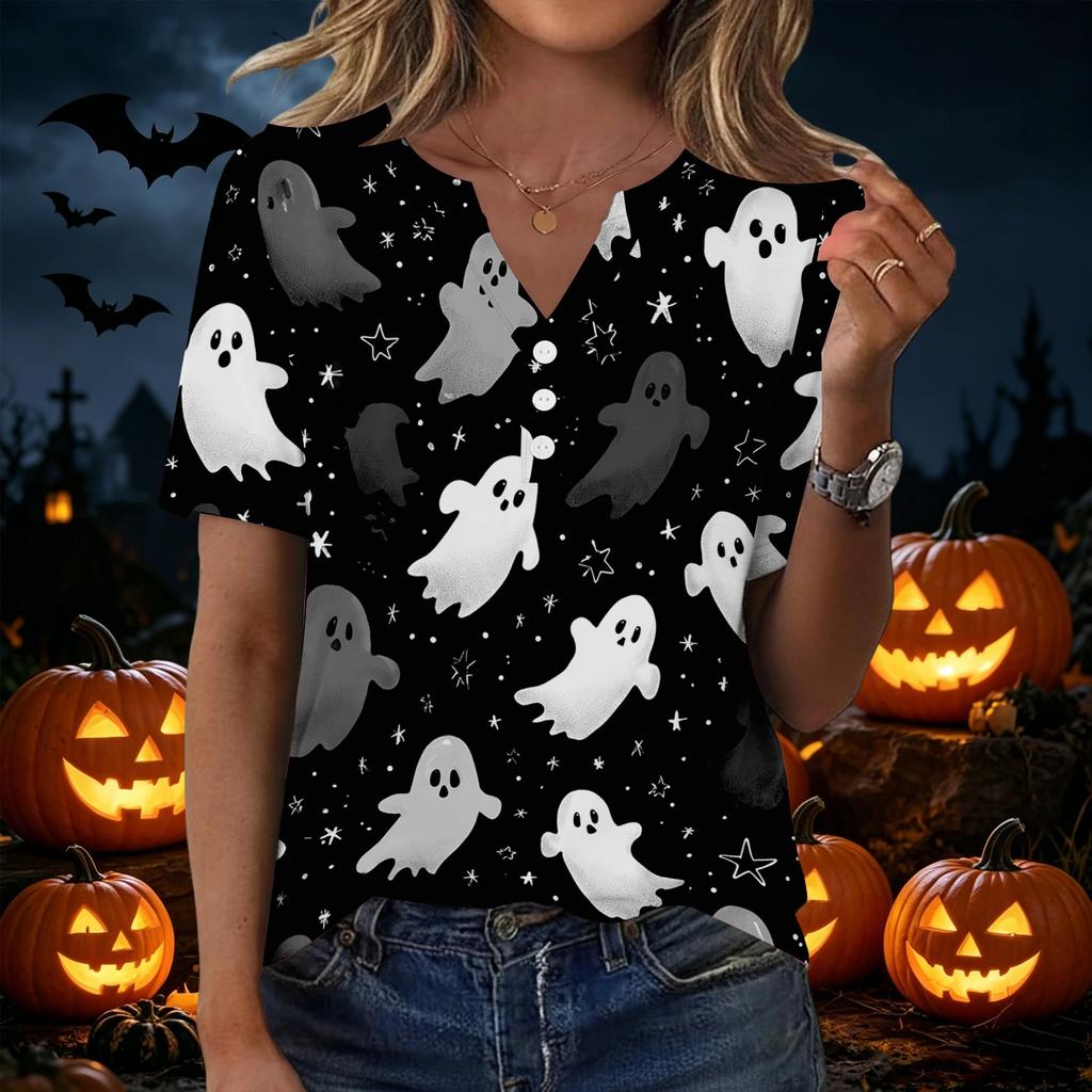 Women's Casual Halloween Print V Neck Short Sleeve Button Front Top Lightweight Comfortable Fit