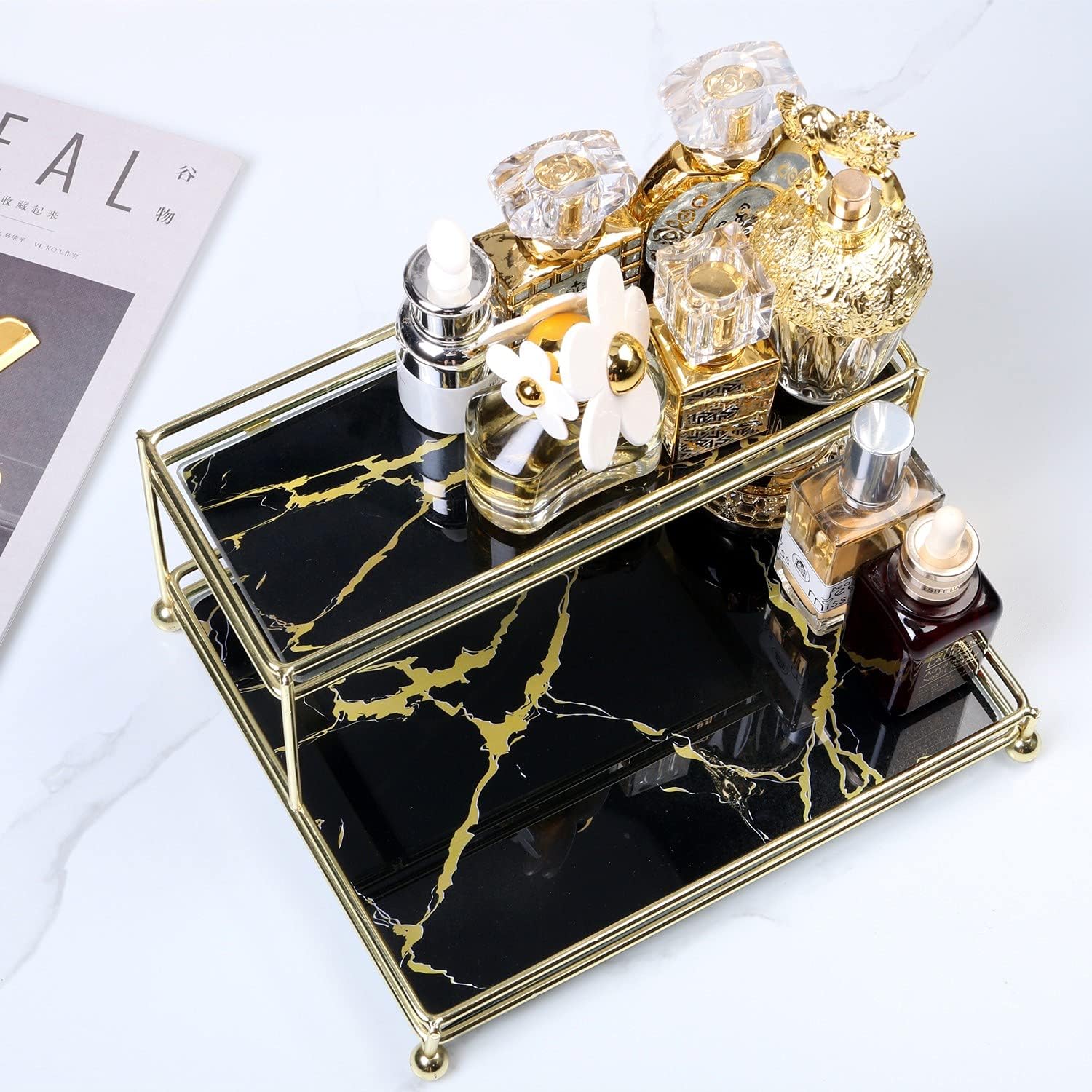 

Полка-органайзер для макияжа Simmer Stone, 2-ярусная корзина для хранения косметики со стеклянным подносом, проволочная стойка-органайзер для туалетного столика для ванной комнаты, столешницы, туалетного столика и