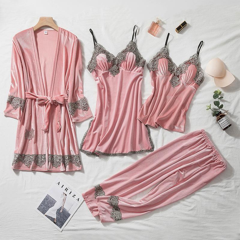 Catifea femeie pijamale pijamale set din patru piese sexy dantelă garnitură halat de baie pantaloni costume toamnă iarnă din catifea haine acasă haine de lounge