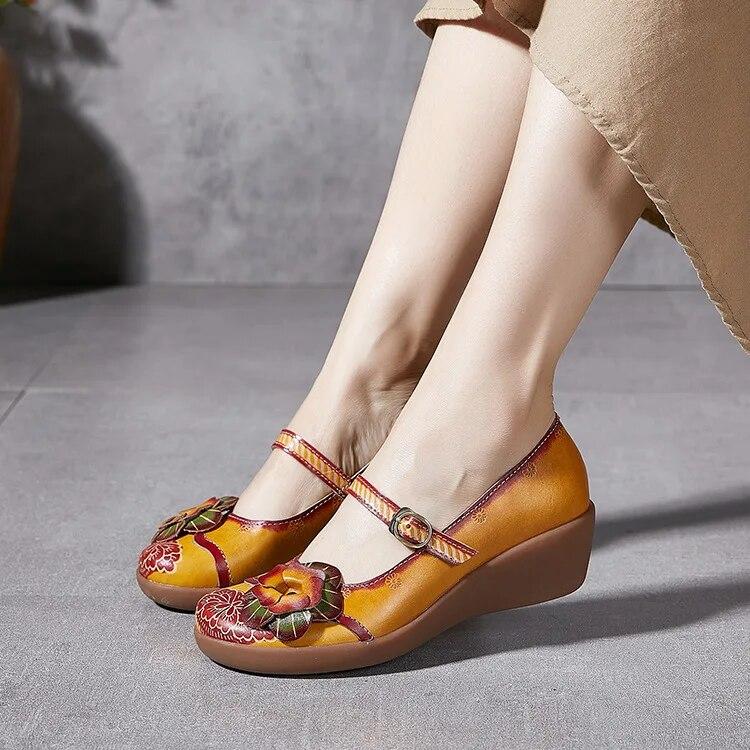 Johnature Vintage Květinové klíny Sandály Ručně vyráběné pravé kůže v etnickém stylu Pohodlné dámské boty