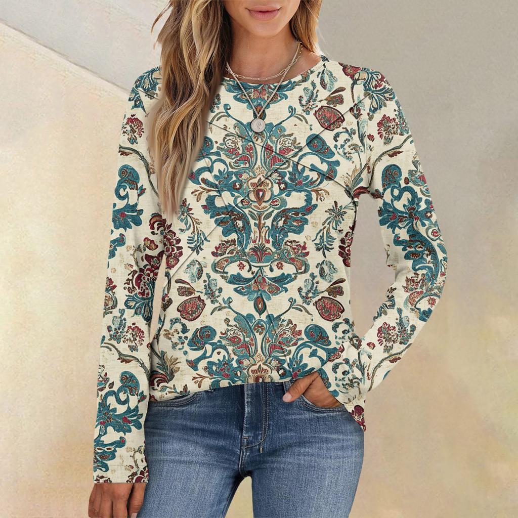 Fashion Women's Long Sleeve Round Neck CasualPleated Floral Print Loose Top