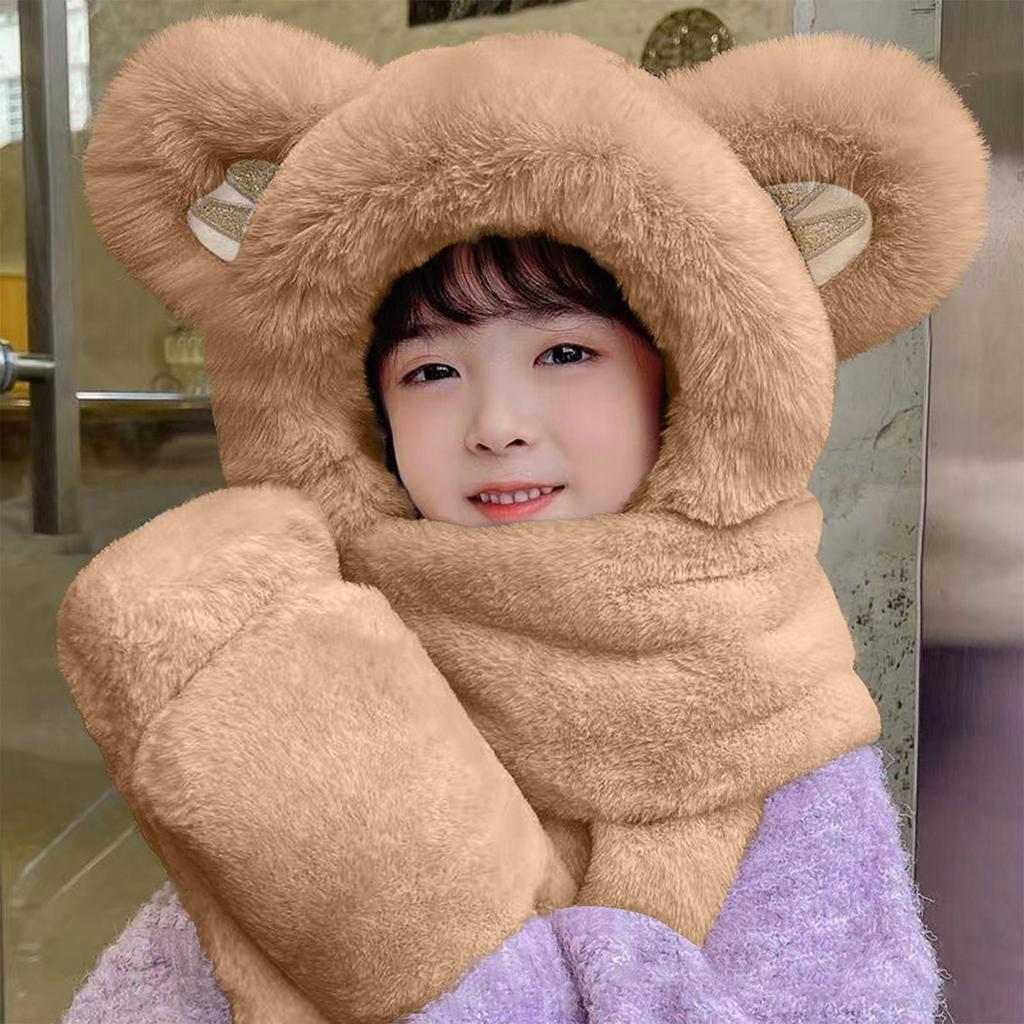 Adult Winter Teddy Bear Hat Scarf Integrated Ear Hat