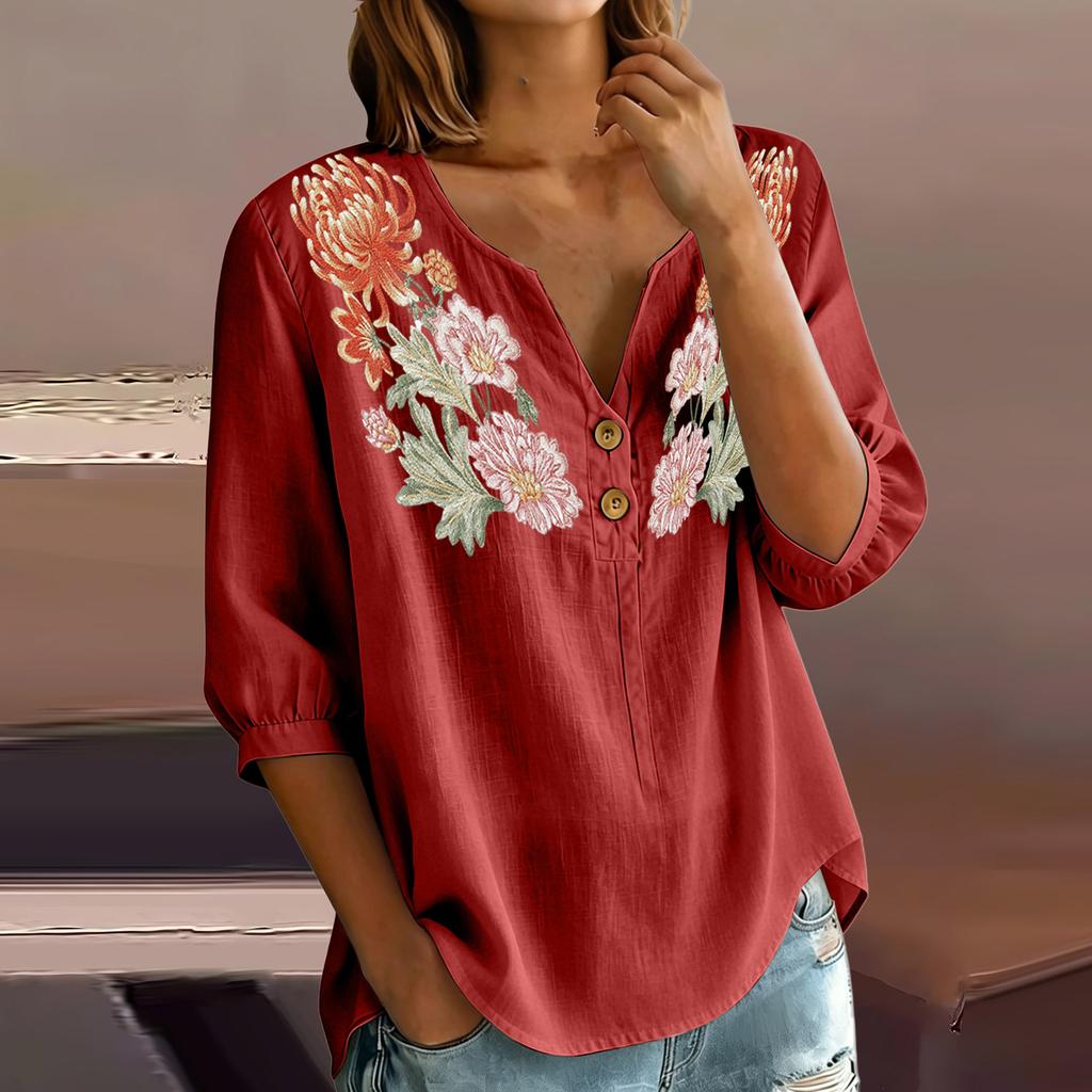 Damen Blumenstickerei Henley-Kragen Knopfleiste Hemd Dreiviertelarm Baumwolle Leinen Oberteil Lässige Bluse