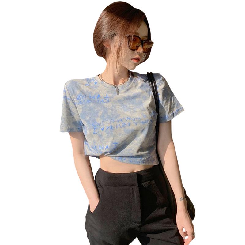 Women's 2024 Korean Tie-Dyed High-Waist Crop Top T-Shirt, Short-Sleeved & Loose Fit
