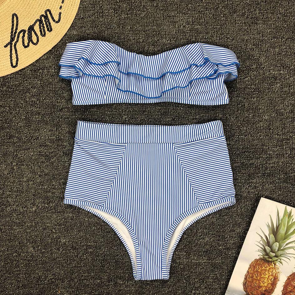Sexy Striped Ruffled Bikini 2026 Bandeau Push Up Swimwear Women Swimsuit High Waist Bikinis Set Swimming for Women Bathing Suits