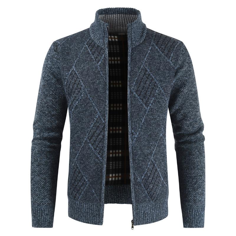 Autumn Winter New Style Argyle Knit Cardigan Fashion Casual Versatile Stand Collar Long Sleeve Men's Sweater Coat