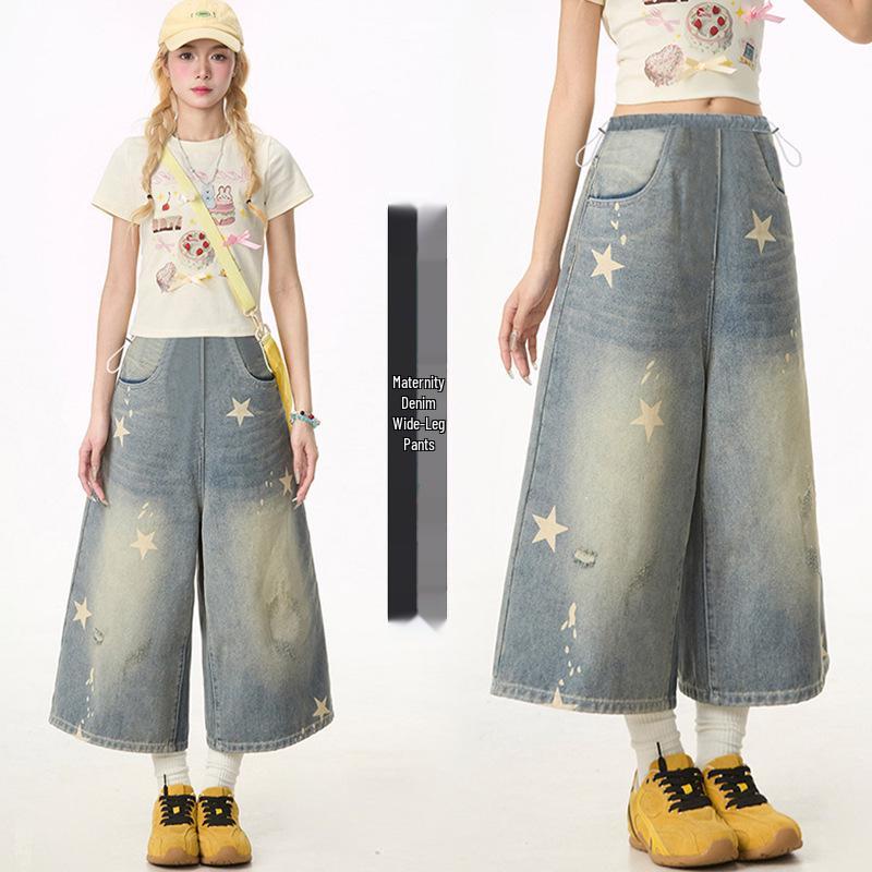 2026 Blue Sky Star Wide-Leg Maternity Jeans - Spring/Summer Casual Cropped Pants M