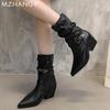 Leather Women Snow Mid Calf Boots Pointed Toe Mid Heels Shoes Woman 2025 Trend Winter Fad Chelsea Boots Pumps New Mujer Botas