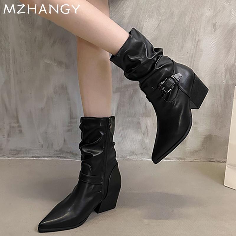 Leather Women Snow Mid Calf Boots Pointed Toe Mid Heels Shoes Woman 2025 Trend Winter Fad Chelsea Boots Pumps New Mujer Botas