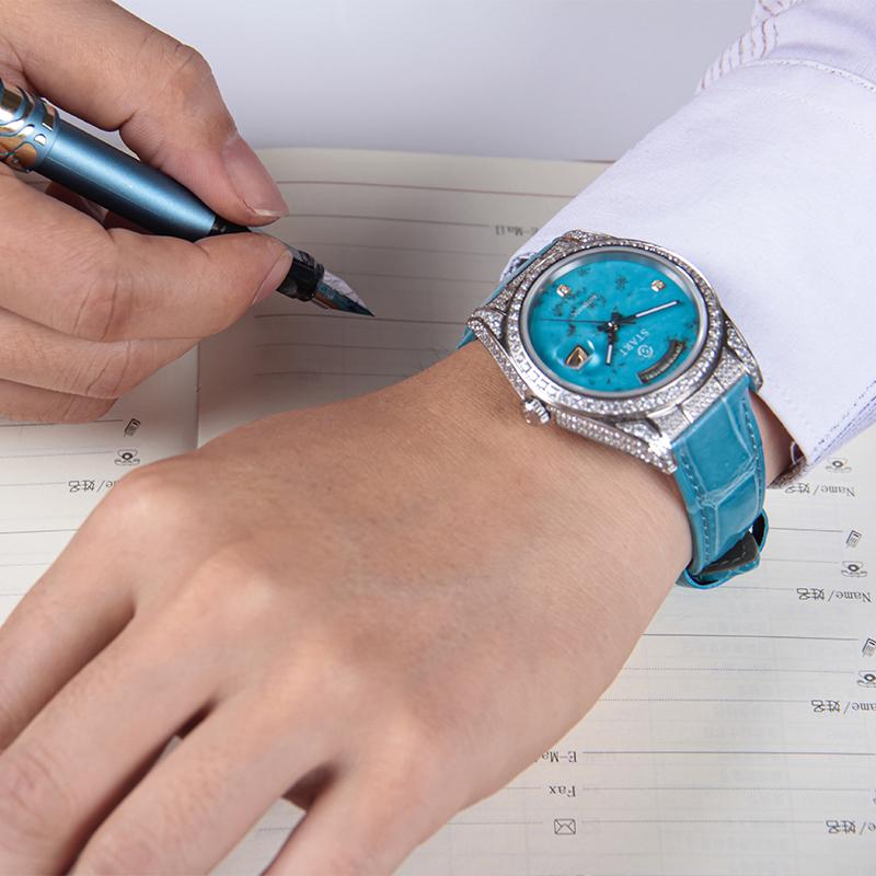 START-Turquoise Men's Watch Diamond Watch Week Function Automatic Mechanical Watch Butterfly Buckle Alligator Leather Strap