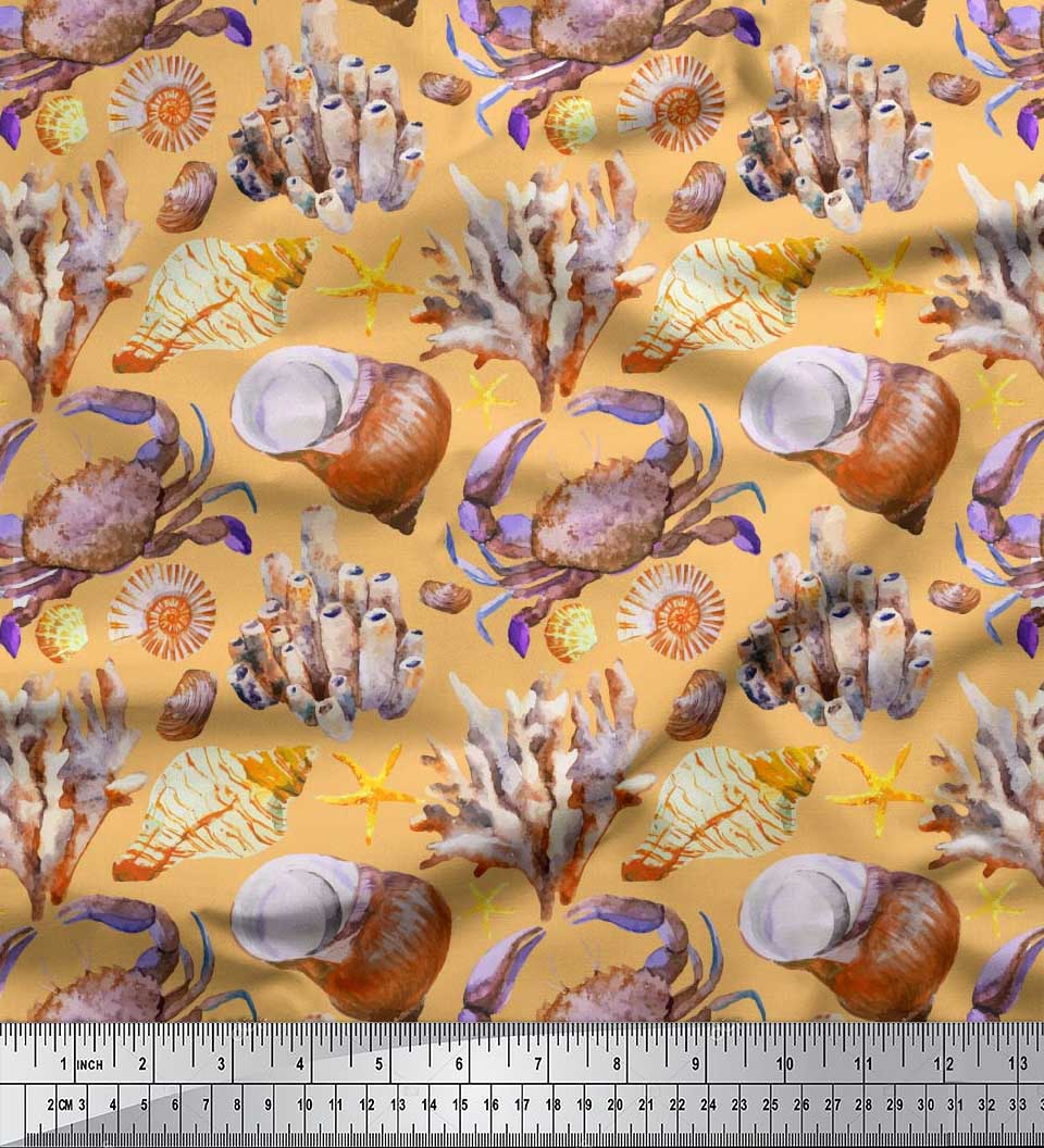 

Soimoi Purple Japan Crepe Satin Тканина з крабом, мушлями та коралами Океан з принтом на метри 42 дюйма 42 Inch Wide - Poly Crepe помаранчевий