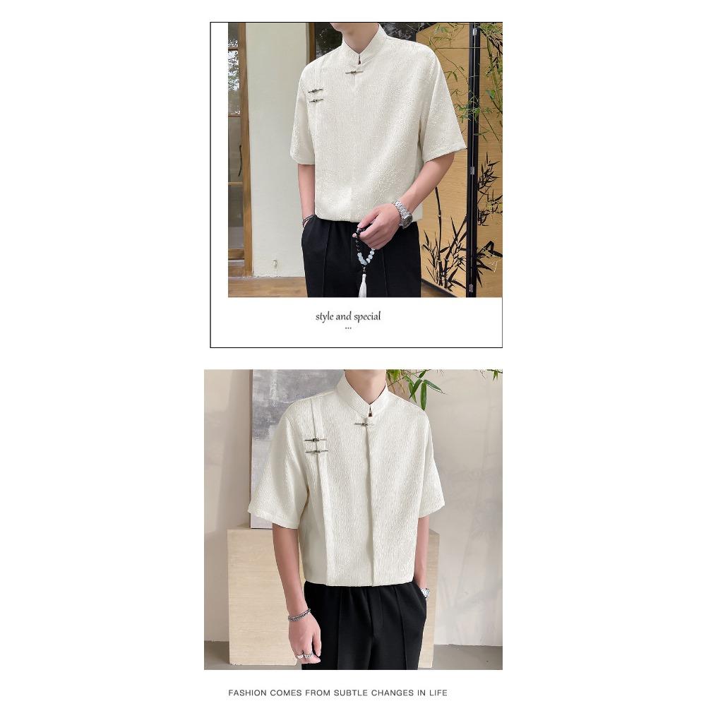 Summer New Chinese Style Jacquard Short Sleeved Shirt Men's New Loose Chinese Style Stand Up Collar Shirt