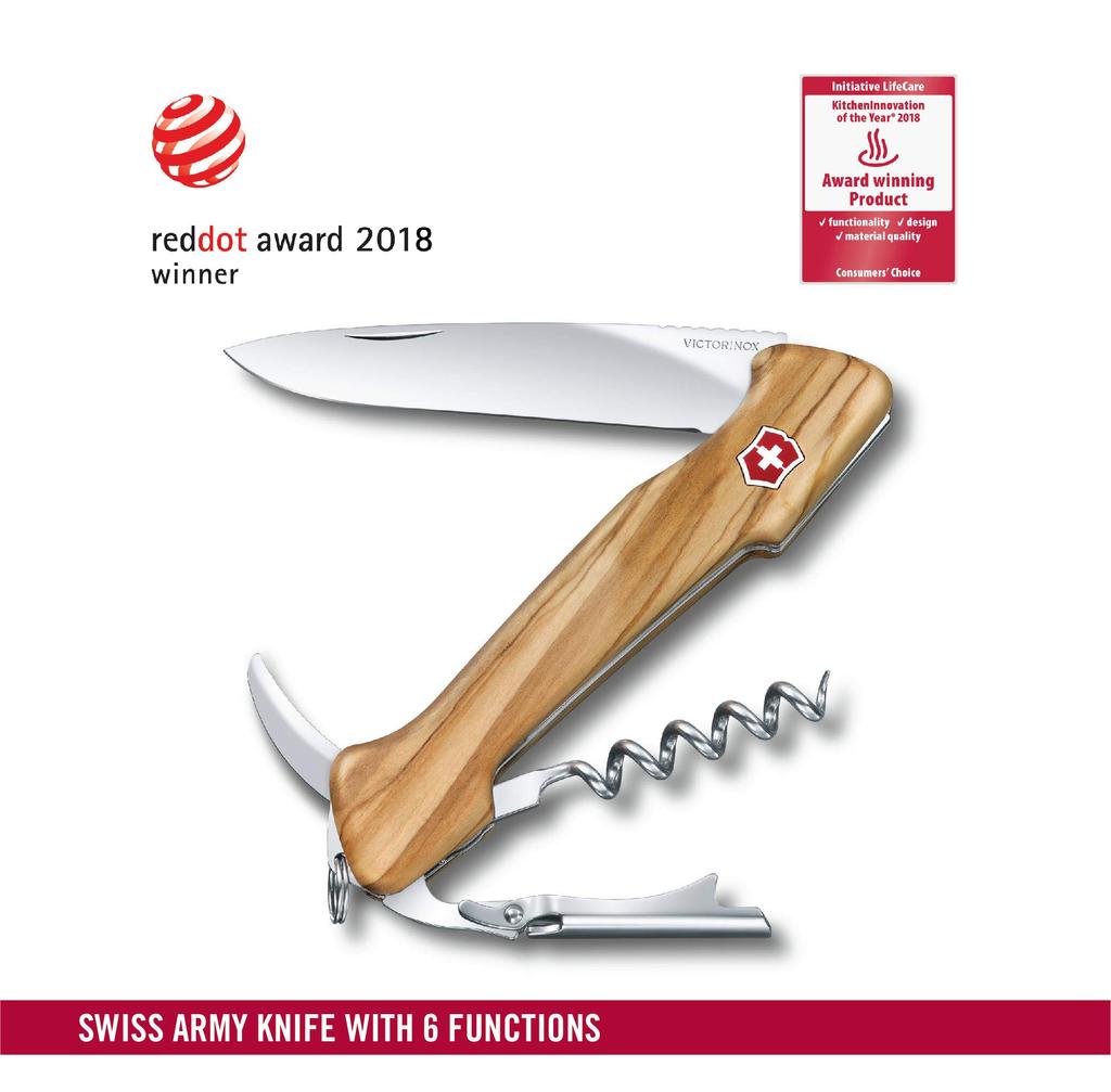 Victorinox Wine Master Cuțit Sommelier din Lemn de Măslin Deschizător de Vin Tirbușon cu Husă Dedicată din Piele Multi-Tool Fabricat în Elveția cu 6 Funcții